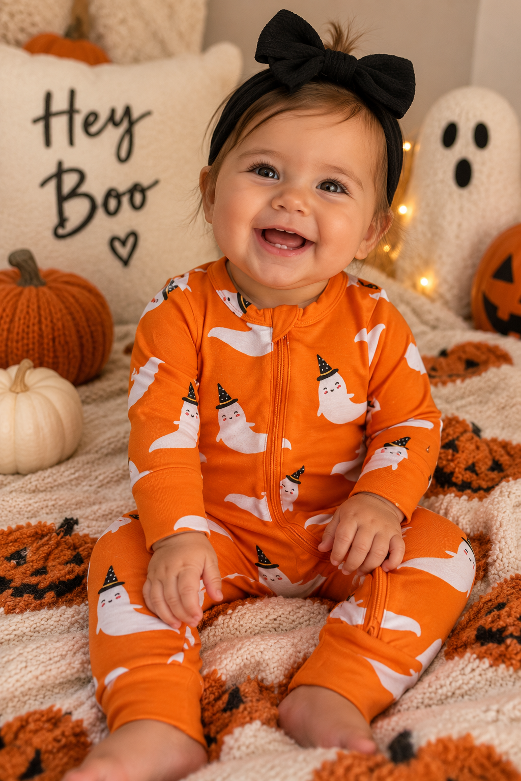 Boo Crew Halloween Bamboo Baby Sleeper in Orange | Ghost Print Footie Pajamas