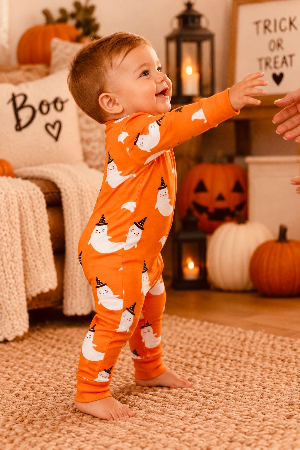 Boo Crew Halloween Bamboo Baby Sleeper in Orange | Ghost Print Footie Pajamas
