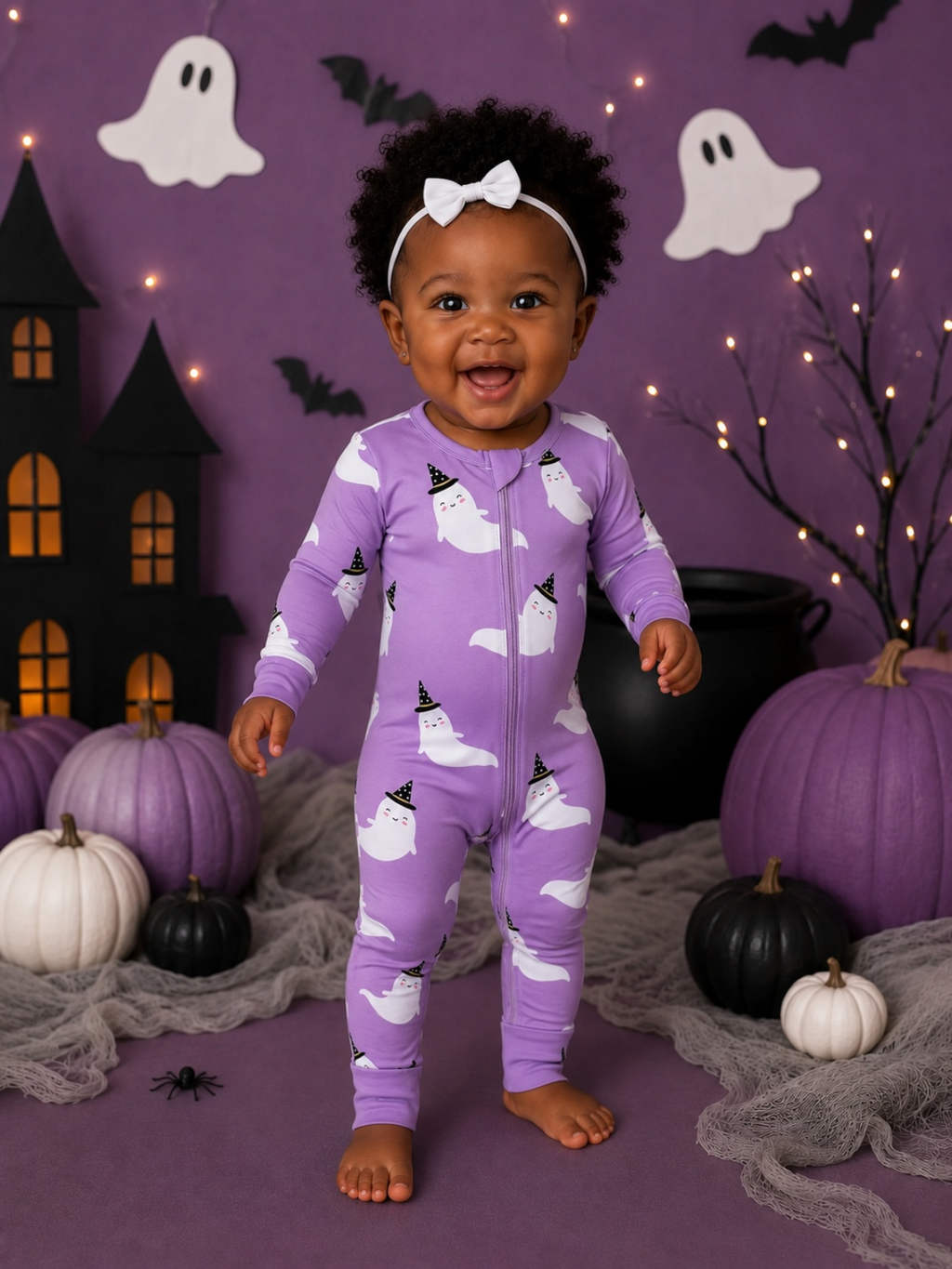 Boo Crew Halloween Bamboo Baby Sleeper in Violet | Ghost Print Footie Pajamas