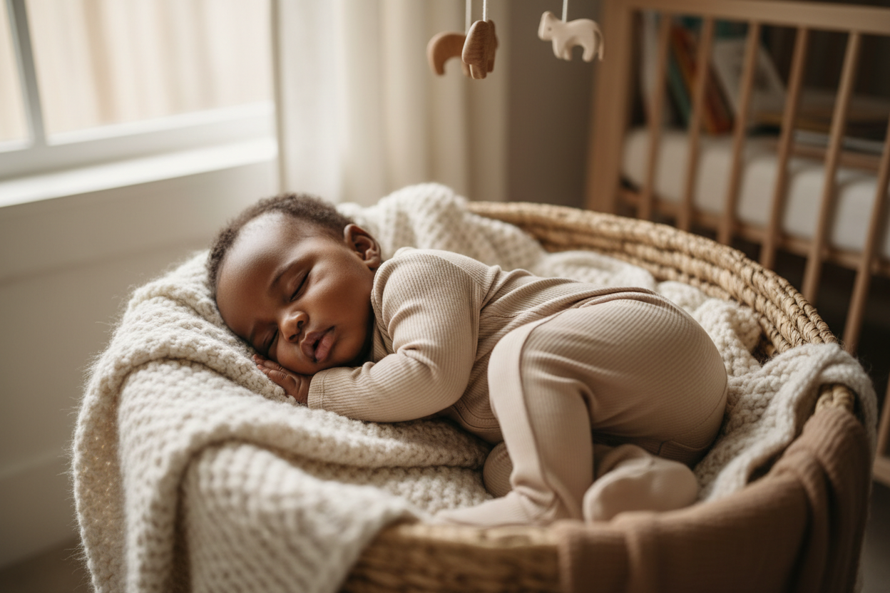 Black baby in beige bamboo sleeper