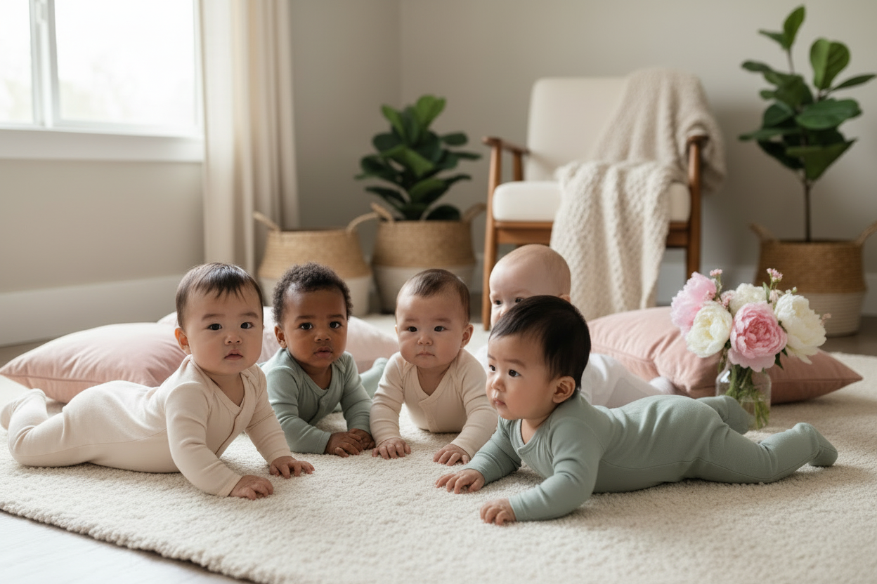 Diverse babies in sleepers with feminine touch