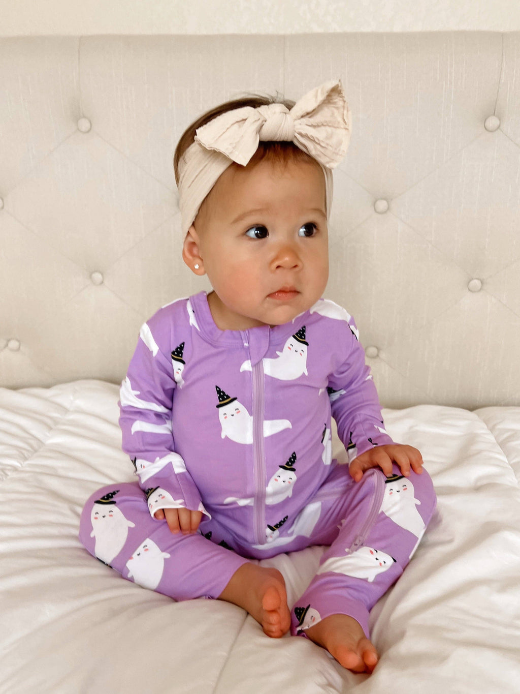 Boo Crew Halloween Bamboo Baby Sleeper in Violet | Ghost Print Footie Pajamas