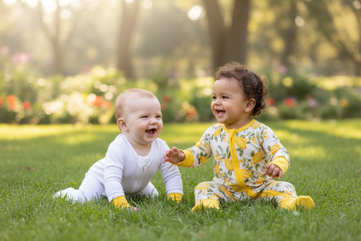 Lemon Squeeze Sleeper - Two Babies Playing on Grass