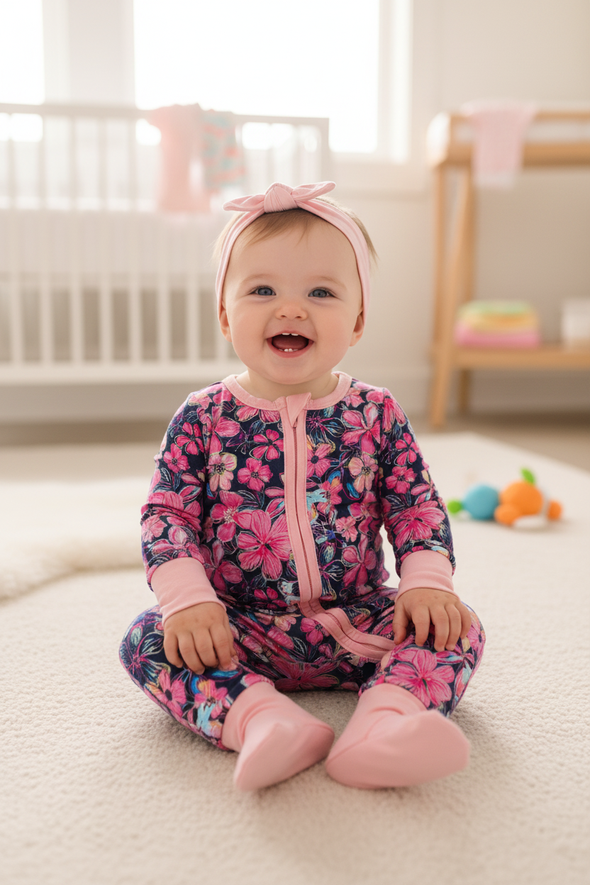 Moonlit Petals Sleeper - Baby Girl with Pink Headband